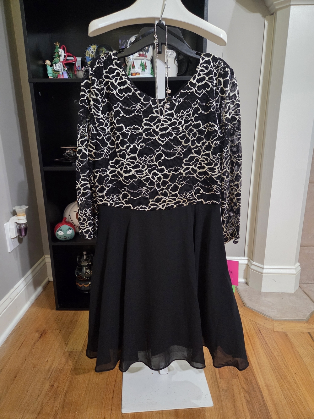 Girls Long-Sleeve Black Dress with  Floral Lace Bodice